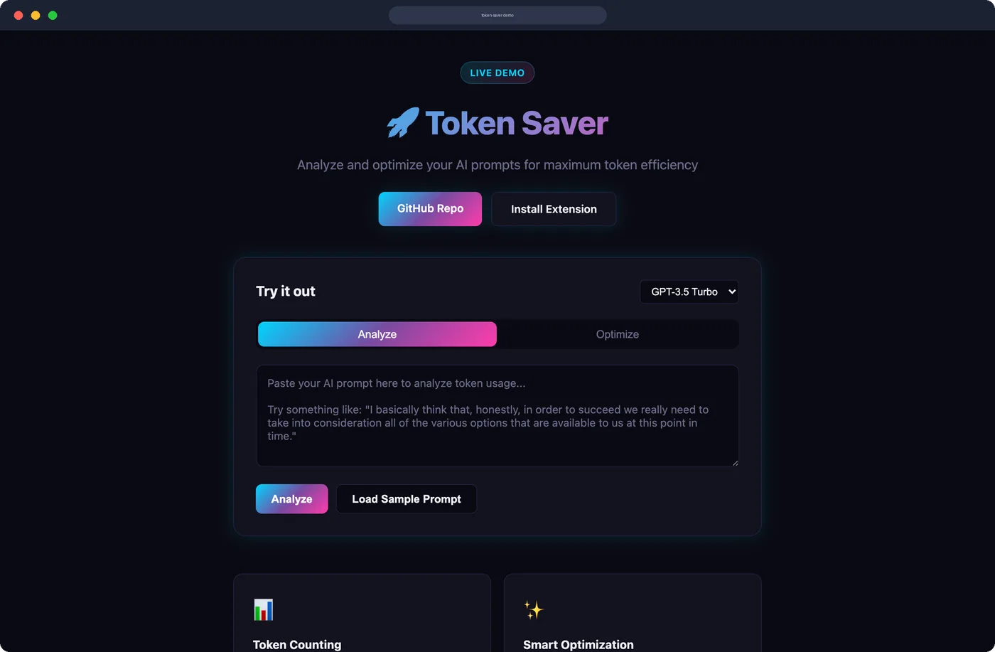 Token Saver — AI prompt optimization live demo